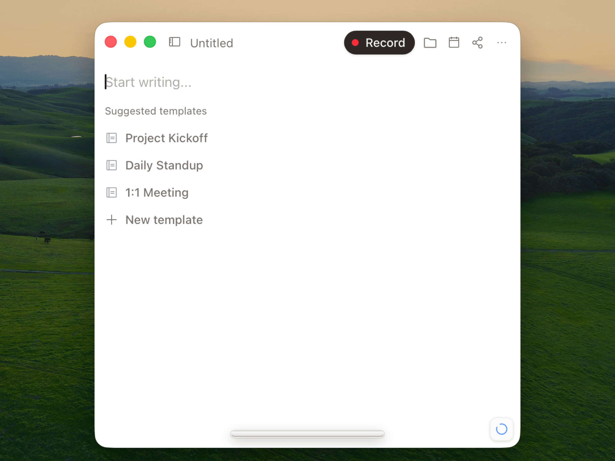 The current Anarlog new-note screen with recording and template choices